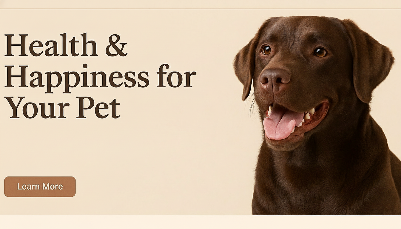 Pet wellness web site, maybe a brownish themed with a chocolate labrador dog on it. do not add any default text in latin